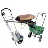 Electric Tiller/Cultivator, Metal Wheelbarrow &
