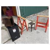 Saw horses, file cabinet, mail organizer, table