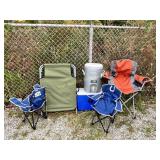 Camping chairs, cot, coolers