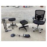 Office chair, stools, metal detector, light