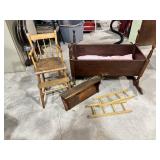 Wood Rocking cradle, highchair, shelf