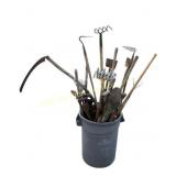 Large lot garden tools, in gray trash can