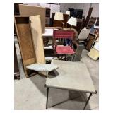 Directors chair, ironing board, Sampsonite table