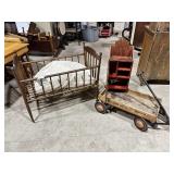 wood crib, wagon, shelf