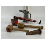 Black Flag Sprayer, Metal Oil Can, Wooden Mallets
