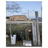 Shelf, wood scaffolding plank, fenceposts