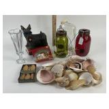 Glass Candle Jars, Scottie Figurine, Seashells, Fo