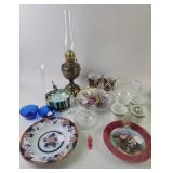 Glassware, Porcelain Plates, Brass Oil Lamp