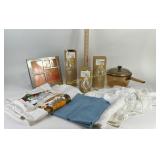 Pyrex Amber Saucepan, Oil Lamps, Linens, Studio No