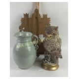 Handmade Ceramic Pitcher, Owl Figurine,Wood Wall H