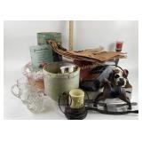 Polaroid Camera, Glassware, Cracker Tin, Candle Ho