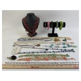 Costume Jewelry: B Necklace, Rose Pin, Green bead