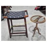 Wood Stool With Weaved Strapping On Seat & Wood