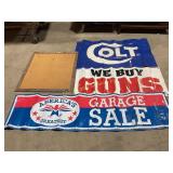 Colt, gun, garage sale signs, framed cork board