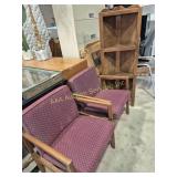 Wood Corner Shelf & 2 Upholstered Side Chairs