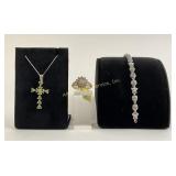 .925 Sterling Silver Cross and Green Stone