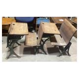 2 cast iron and wood folding school desks