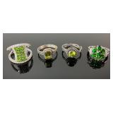 (4) 925 Sterling Silver Rings featuring Green Gems