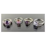 (4) 925 Sterling Silver Rings featuring Purple Gem