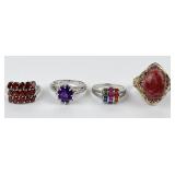 (4) 925 Sterling Silver Rings with Gemstones