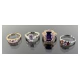 (4) 925 Sterling Silver Rings featuring Purple Gem