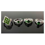(4) 925 Sterling Silver Rings featuring Green Gems
