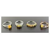 (4) 925 Sterling Silver Rings featuring Orange Gem