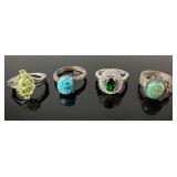 (4) 925 Sterling Silver Rings featuring Green and