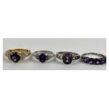(4) 925 Sterling Silver Rings featuring Purple Gem