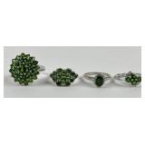 (4) 925 Sterling Silver Rings with Green Gemstones