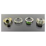 (4) 925 Sterling Silver Rings featuring Green Gems