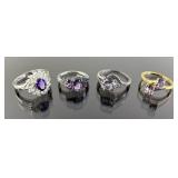 (4) 925 Sterling Silver Rings featuring Purple Gem