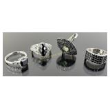 (4) 925 Sterling Silver Rings featuring Black Gems