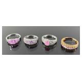 (4) 925 Sterling Silver Rings with Pink and Purple