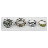 (4) 925 Sterling Silver Rings featuring Green Gems