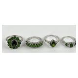 (4) 925 Sterling Silver Rings with Green Gemstones