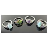(4) 925 Sterling Silver Rings featuring Gemstones.