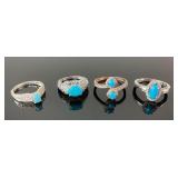(4) 925 Sterling Silver Rings with Turquoise Stone