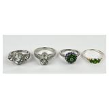 (4) 925 Sterling Silver Rings featuring Green Gems
