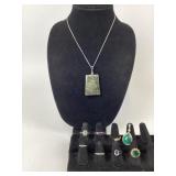 Costume Jewelry Rings, Necklace, Green Pendant