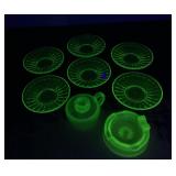 Green Uranium Glass Saucers, Candle Holder, Ashtra