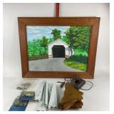 Framed Covered Bridge Painting, Hardware, Light Pa