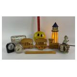 Wooden Train, Lighthouse Lamp, Clocks, Figurine