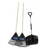 Snow shovel, 2 rakes
