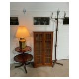 Glass door cabinet, tiered table, lamp, coat rack