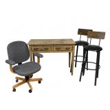 Writing desk with 2 drawers, chair, 2 barstools