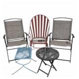 3 patio chairs, 2 outdoor tables, foldable