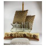 Pillows, Blanket, Glassware, Fire King Casserole