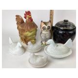 Porcelain Owl Pitcher, Milk Glass Chicken Dishes,