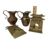 Brass Pagoda Arch Bookends & Metal Pitchers